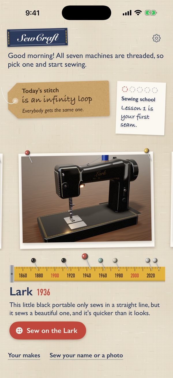 The SewCraft home screen: today's stitch on a kraft tag, the sewing school, and a 1936 sewing machine pinned up like a photo above a tape measure.