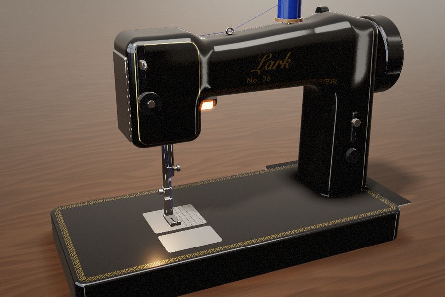The Lark, a small black portable with a lamp under its head
