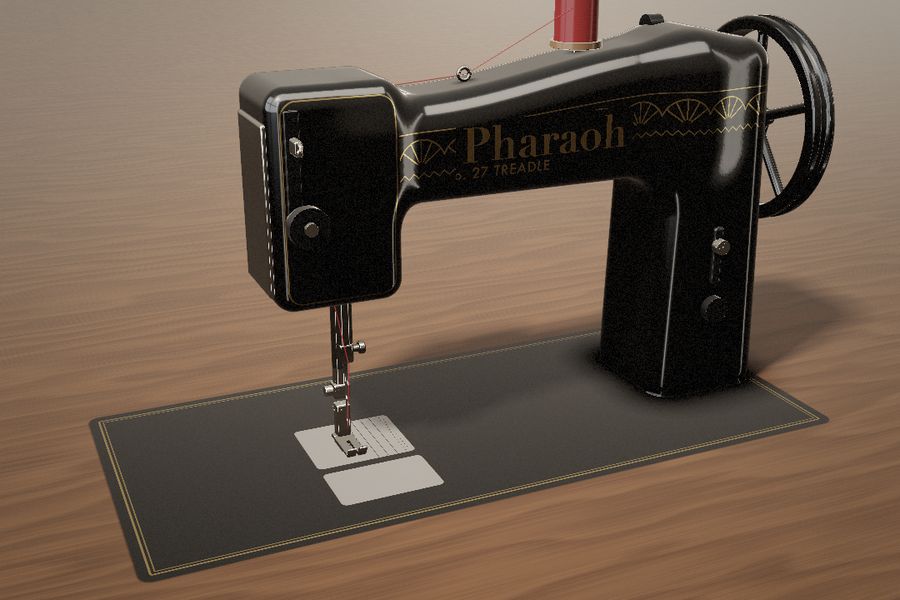 The Pharaoh, a black treadle machine with Egyptian-style decals