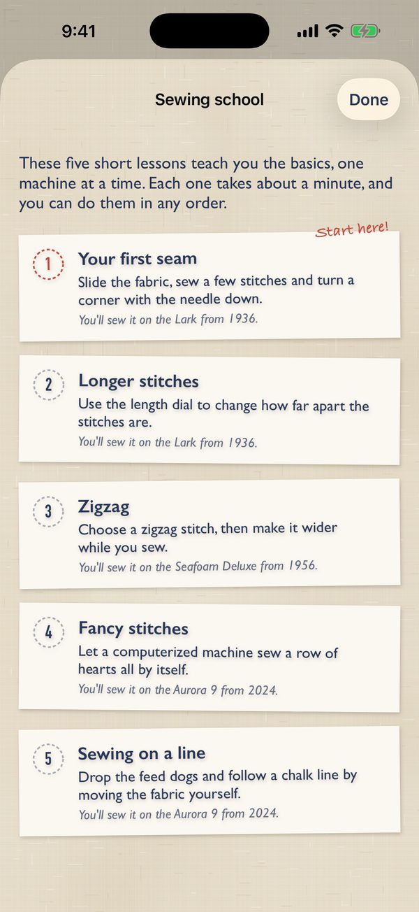 The sewing school: five short lessons, from your first seam to sewing along a chalk line.